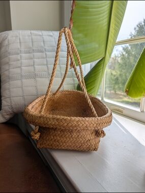 Handwoven Thai Bamboo Basket Vintage Market Tote Tray Natural Woven Serving Bask